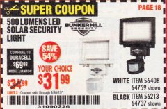 Harbor Freight Coupon 500 LUMENS LED SOLAR SECURITY LIGHT Lot No. 56408/64759/56213/64737 Expired: 4/30/19 - $31.99