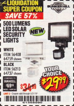 Harbor Freight Coupon 500 LUMENS LED SOLAR SECURITY LIGHT Lot No. 56408/64759/56213/64737 Expired: 5/31/19 - $29.99