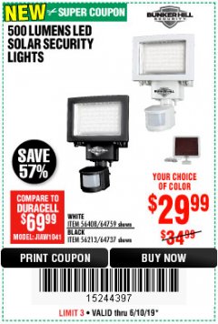 Harbor Freight Coupon 500 LUMENS LED SOLAR SECURITY LIGHT Lot No. 56408/64759/56213/64737 Expired: 6/10/19 - $29.99