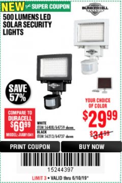 Harbor Freight Coupon 500 LUMENS LED SOLAR SECURITY LIGHT Lot No. 56408/64759/56213/64737 Expired: 6/10/19 - $29.99
