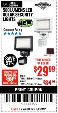 Harbor Freight Coupon 500 LUMENS LED SOLAR SECURITY LIGHT Lot No. 56408/64759/56213/64737 Expired: 8/25/19 - $29.99