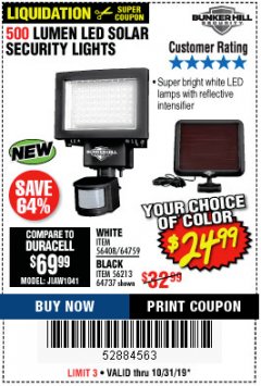 Harbor Freight Coupon 500 LUMENS LED SOLAR SECURITY LIGHT Lot No. 56408/64759/56213/64737 Expired: 10/31/19 - $24.99