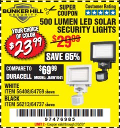 Harbor Freight Coupon 500 LUMENS LED SOLAR SECURITY LIGHT Lot No. 56408/64759/56213/64737 Expired: 2/3/20 - $23.99