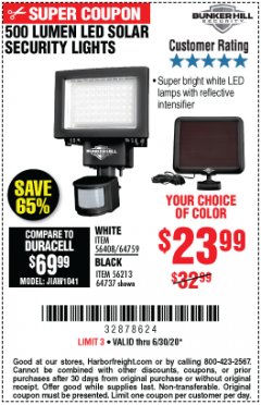 Harbor Freight Coupon 500 LUMENS LED SOLAR SECURITY LIGHT Lot No. 56408/64759/56213/64737 Expired: 6/30/20 - $23.99