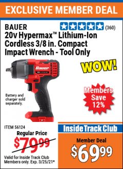 Harbor Freight ITC Coupon BAUER 20 VOLT LITHIUM CORDLESS, 3/8" IMPACT WRENCH Lot No. 56124 Expired: 3/25/21 - $69.99