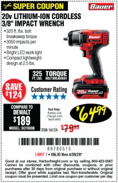 Harbor Freight Coupon BAUER 20 VOLT LITHIUM CORDLESS, 3/8" IMPACT WRENCH Lot No. 56124 Expired: 6/30/20 - $64.99