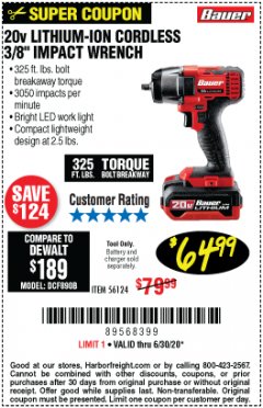 Harbor Freight Coupon BAUER 20 VOLT LITHIUM CORDLESS, 3/8" IMPACT WRENCH Lot No. 56124 Expired: 6/30/20 - $64.99
