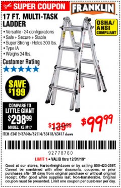 Harbor Freight Coupon 17 FOOT TYPE IA MUTI TASK LADDER Lot No. 67646/63418/63419/63417 Expired: 12/31/19 - $99.99
