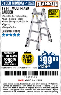 Harbor Freight Coupon 17 FOOT TYPE IA MUTI TASK LADDER Lot No. 67646/63418/63419/63417 Expired: 12/1/19 - $99.99