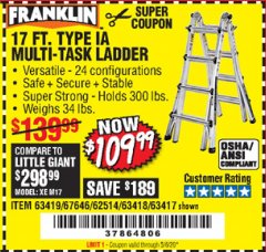 Harbor Freight Coupon 17 FOOT TYPE IA MUTI TASK LADDER Lot No. 67646/63418/63419/63417 Expired: 6/30/20 - $109.99