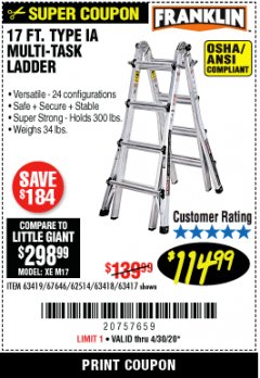 Harbor Freight Coupon 17 FOOT TYPE IA MUTI TASK LADDER Lot No. 67646/63418/63419/63417 Expired: 6/30/20 - $114.99