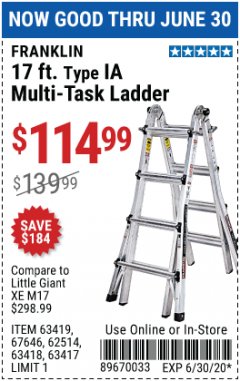 Harbor Freight Coupon 17 FOOT TYPE IA MUTI TASK LADDER Lot No. 67646/63418/63419/63417 Expired: 6/30/20 - $114.99