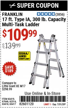 Harbor Freight Coupon 17 FOOT TYPE IA MUTI TASK LADDER Lot No. 67646/63418/63419/63417 Expired: 7/31/20 - $109.99