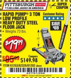 Harbor Freight Coupon RAPID PUMP 3 TON LOW PROFILE HEAVY DUTY STEEL FLOOR JACK Lot No. 64264/64266/64879/64881/61282/62326/61253 Expired: 3/20/18 - $79.99