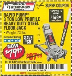 Harbor Freight Coupon RAPID PUMP 3 TON LOW PROFILE HEAVY DUTY STEEL FLOOR JACK Lot No. 64264/64266/64879/64881/61282/62326/61253 Expired: 4/11/18 - $79.99