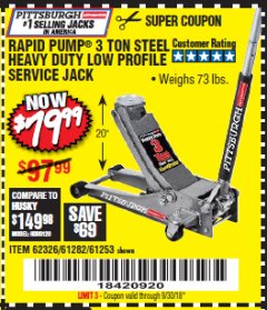 Harbor Freight Coupon RAPID PUMP 3 TON LOW PROFILE HEAVY DUTY STEEL FLOOR JACK Lot No. 64264/64266/64879/64881/61282/62326/61253 Expired: 9/30/18 - $79.99