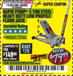 Harbor Freight Coupon RAPID PUMP 3 TON LOW PROFILE HEAVY DUTY STEEL FLOOR JACK Lot No. 64264/64266/64879/64881/61282/62326/61253 Expired: 11/10/18 - $79.99