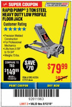 Harbor Freight Coupon RAPID PUMP 3 TON LOW PROFILE HEAVY DUTY STEEL FLOOR JACK Lot No. 64264/64266/64879/64881/61282/62326/61253 Expired: 8/12/18 - $79.99
