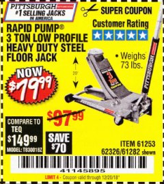 Harbor Freight Coupon RAPID PUMP 3 TON LOW PROFILE HEAVY DUTY STEEL FLOOR JACK Lot No. 64264/64266/64879/64881/61282/62326/61253 Expired: 12/20/18 - $79.99
