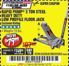 Harbor Freight Coupon RAPID PUMP 3 TON LOW PROFILE HEAVY DUTY STEEL FLOOR JACK Lot No. 64264/64266/64879/64881/61282/62326/61253 Expired: 11/3/18 - $79.99