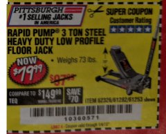 Harbor Freight Coupon RAPID PUMP 3 TON LOW PROFILE HEAVY DUTY STEEL FLOOR JACK Lot No. 64264/64266/64879/64881/61282/62326/61253 Expired: 1/4/19 - $79.99