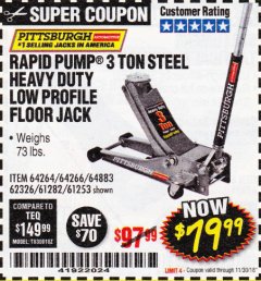 Harbor Freight Coupon RAPID PUMP 3 TON LOW PROFILE HEAVY DUTY STEEL FLOOR JACK Lot No. 64264/64266/64879/64881/61282/62326/61253 Expired: 11/30/18 - $79.99