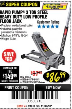 Harbor Freight Coupon RAPID PUMP 3 TON LOW PROFILE HEAVY DUTY STEEL FLOOR JACK Lot No. 64264/64266/64879/64881/61282/62326/61253 Expired: 11/30/18 - $86.99