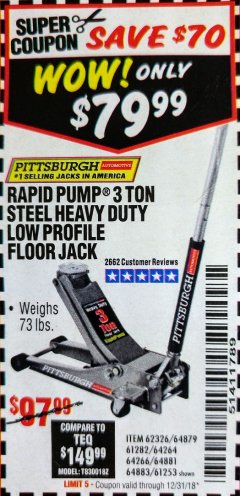 Harbor Freight Coupon RAPID PUMP 3 TON LOW PROFILE HEAVY DUTY STEEL FLOOR JACK Lot No. 64264/64266/64879/64881/61282/62326/61253 Expired: 12/31/18 - $97.99