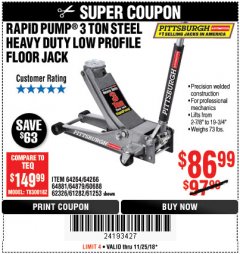 Harbor Freight Coupon RAPID PUMP 3 TON LOW PROFILE HEAVY DUTY STEEL FLOOR JACK Lot No. 64264/64266/64879/64881/61282/62326/61253 Expired: 11/25/18 - $86.99