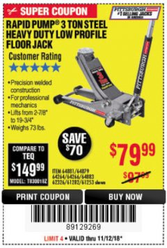 Harbor Freight Coupon RAPID PUMP 3 TON LOW PROFILE HEAVY DUTY STEEL FLOOR JACK Lot No. 64264/64266/64879/64881/61282/62326/61253 Expired: 11/18/18 - $79.99