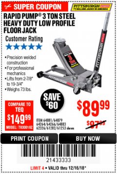 Harbor Freight Coupon RAPID PUMP 3 TON LOW PROFILE HEAVY DUTY STEEL FLOOR JACK Lot No. 64264/64266/64879/64881/61282/62326/61253 Expired: 12/16/18 - $89.99