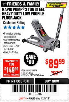Harbor Freight Coupon RAPID PUMP 3 TON LOW PROFILE HEAVY DUTY STEEL FLOOR JACK Lot No. 64264/64266/64879/64881/61282/62326/61253 Expired: 12/9/18 - $89.99