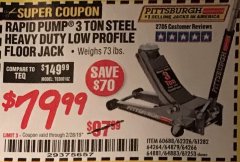 Harbor Freight Coupon RAPID PUMP 3 TON LOW PROFILE HEAVY DUTY STEEL FLOOR JACK Lot No. 64264/64266/64879/64881/61282/62326/61253 Expired: 2/28/19 - $79.99