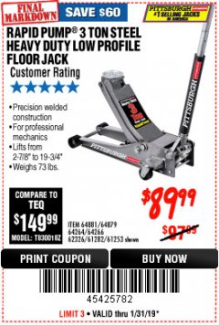 Harbor Freight Coupon RAPID PUMP 3 TON LOW PROFILE HEAVY DUTY STEEL FLOOR JACK Lot No. 64264/64266/64879/64881/61282/62326/61253 Expired: 1/31/19 - $89.99