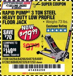 Harbor Freight Coupon RAPID PUMP 3 TON LOW PROFILE HEAVY DUTY STEEL FLOOR JACK Lot No. 64264/64266/64879/64881/61282/62326/61253 Expired: 5/22/19 - $79.99