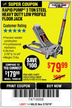 Harbor Freight Coupon RAPID PUMP 3 TON LOW PROFILE HEAVY DUTY STEEL FLOOR JACK Lot No. 64264/64266/64879/64881/61282/62326/61253 Expired: 2/18/19 - $79.99