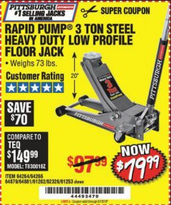 Harbor Freight Coupon RAPID PUMP 3 TON LOW PROFILE HEAVY DUTY STEEL FLOOR JACK Lot No. 64264/64266/64879/64881/61282/62326/61253 Expired: 6/15/19 - $79.99