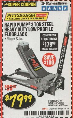 Harbor Freight Coupon RAPID PUMP 3 TON LOW PROFILE HEAVY DUTY STEEL FLOOR JACK Lot No. 64264/64266/64879/64881/61282/62326/61253 Expired: 3/31/19 - $79.99