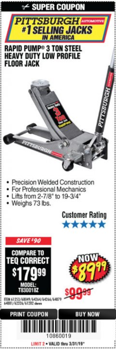 Harbor Freight Coupon RAPID PUMP 3 TON LOW PROFILE HEAVY DUTY STEEL FLOOR JACK Lot No. 64264/64266/64879/64881/61282/62326/61253 Expired: 3/31/19 - $89.99