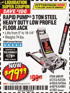Harbor Freight Coupon RAPID PUMP 3 TON LOW PROFILE HEAVY DUTY STEEL FLOOR JACK Lot No. 64264/64266/64879/64881/61282/62326/61253 Expired: 5/31/19 - $79.99