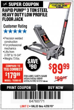 Harbor Freight Coupon RAPID PUMP 3 TON LOW PROFILE HEAVY DUTY STEEL FLOOR JACK Lot No. 64264/64266/64879/64881/61282/62326/61253 Expired: 4/28/19 - $89.99