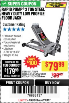 Harbor Freight Coupon RAPID PUMP 3 TON LOW PROFILE HEAVY DUTY STEEL FLOOR JACK Lot No. 64264/64266/64879/64881/61282/62326/61253 Expired: 4/21/19 - $79.99