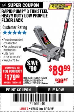 Harbor Freight Coupon RAPID PUMP 3 TON LOW PROFILE HEAVY DUTY STEEL FLOOR JACK Lot No. 64264/64266/64879/64881/61282/62326/61253 Expired: 5/19/19 - $89.99