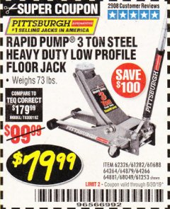 Harbor Freight Coupon RAPID PUMP 3 TON LOW PROFILE HEAVY DUTY STEEL FLOOR JACK Lot No. 64264/64266/64879/64881/61282/62326/61253 Expired: 6/30/19 - $79.99