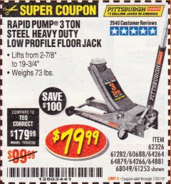 Harbor Freight Coupon RAPID PUMP 3 TON LOW PROFILE HEAVY DUTY STEEL FLOOR JACK Lot No. 64264/64266/64879/64881/61282/62326/61253 Expired: 7/31/19 - $79.99