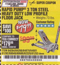 Harbor Freight Coupon RAPID PUMP 3 TON LOW PROFILE HEAVY DUTY STEEL FLOOR JACK Lot No. 64264/64266/64879/64881/61282/62326/61253 Expired: 10/24/19 - $79.99