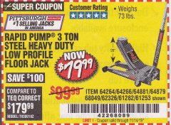 Harbor Freight Coupon RAPID PUMP 3 TON LOW PROFILE HEAVY DUTY STEEL FLOOR JACK Lot No. 64264/64266/64879/64881/61282/62326/61253 Expired: 11/14/19 - $79.99