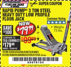 Harbor Freight Coupon RAPID PUMP 3 TON LOW PROFILE HEAVY DUTY STEEL FLOOR JACK Lot No. 64264/64266/64879/64881/61282/62326/61253 Expired: 10/27/19 - $79.99