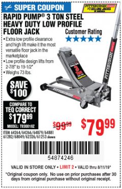 Harbor Freight Coupon RAPID PUMP 3 TON LOW PROFILE HEAVY DUTY STEEL FLOOR JACK Lot No. 64264/64266/64879/64881/61282/62326/61253 Expired: 8/11/19 - $79.99