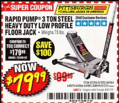 Harbor Freight Coupon RAPID PUMP 3 TON LOW PROFILE HEAVY DUTY STEEL FLOOR JACK Lot No. 64264/64266/64879/64881/61282/62326/61253 Expired: 8/31/19 - $79.99